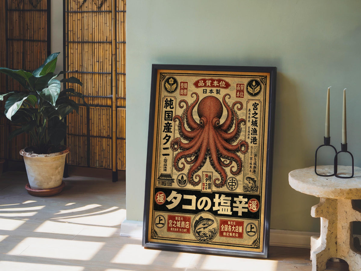 Retro Octopus Woodblock Print, Vintage Japanese Ad Poster, Eclectic Sea Monster Wall Art