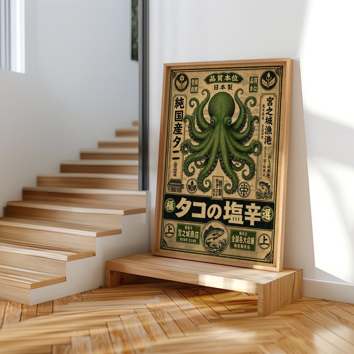 Retro Octopus Woodblock Print, Vintage Japanese Ad Poster, Eclectic Sea Monster Wall Art