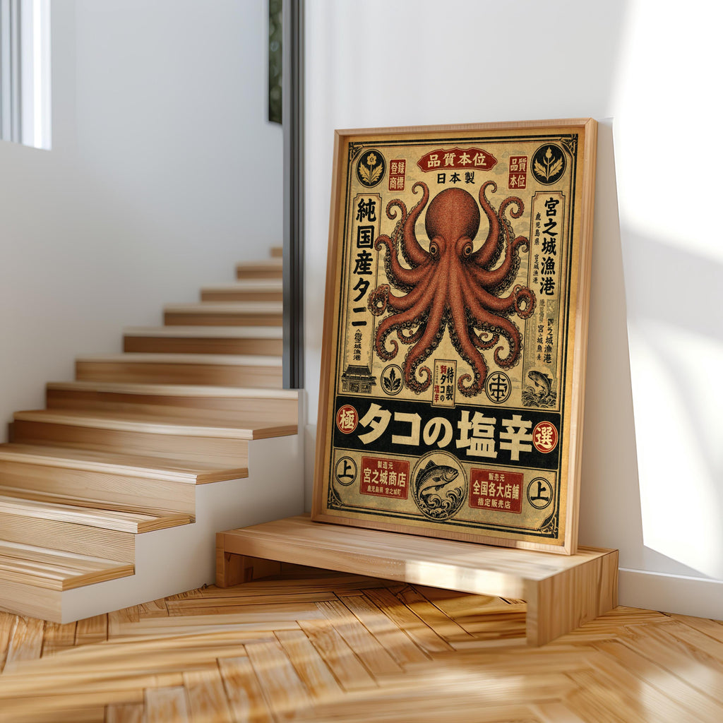 Retro Octopus Woodblock Print, Vintage Japanese Ad Poster, Eclectic Sea Monster Wall Art