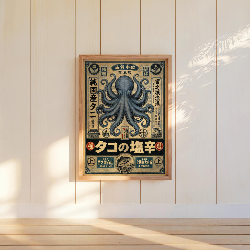 Retro Octopus Woodblock Print, Vintage Japanese Ad Poster, Eclectic Sea Monster Wall Art
