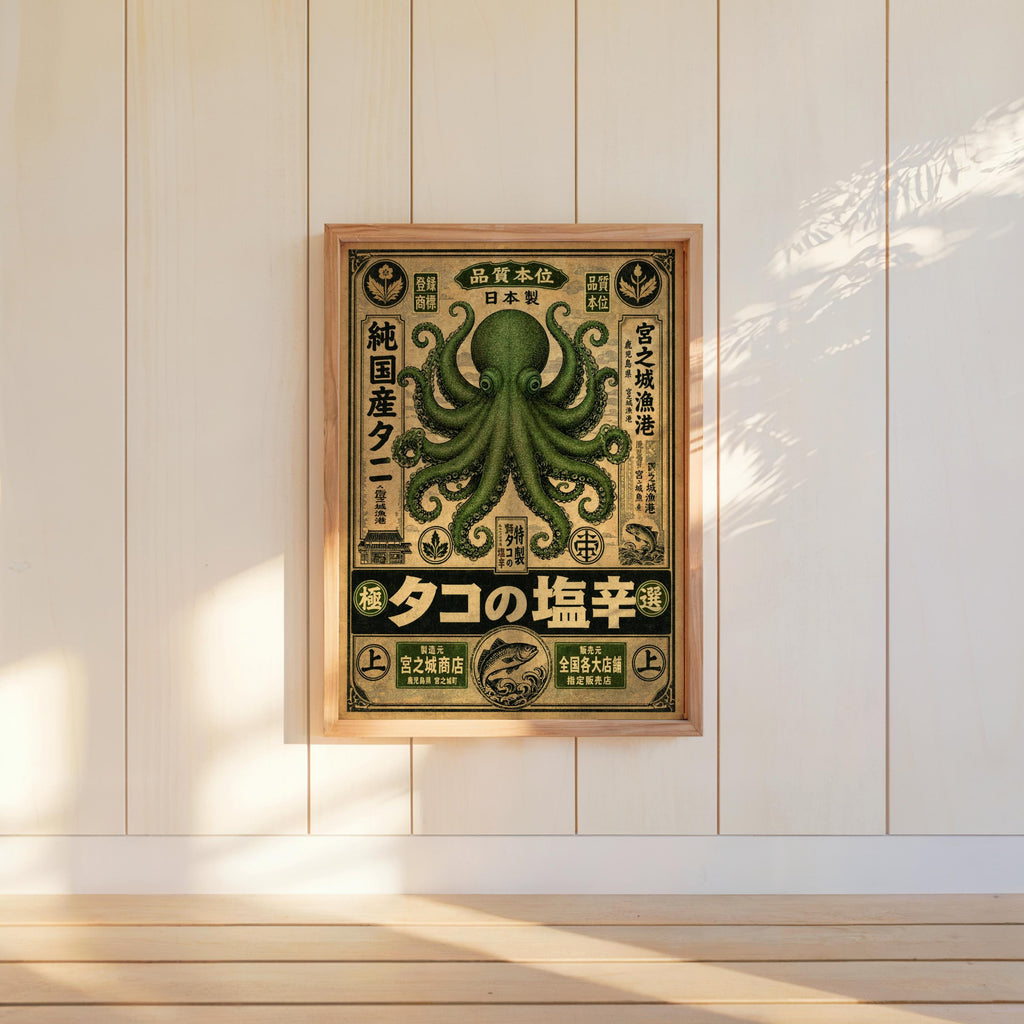 Retro Octopus Woodblock Print, Vintage Japanese Ad Poster, Eclectic Sea Monster Wall Art
