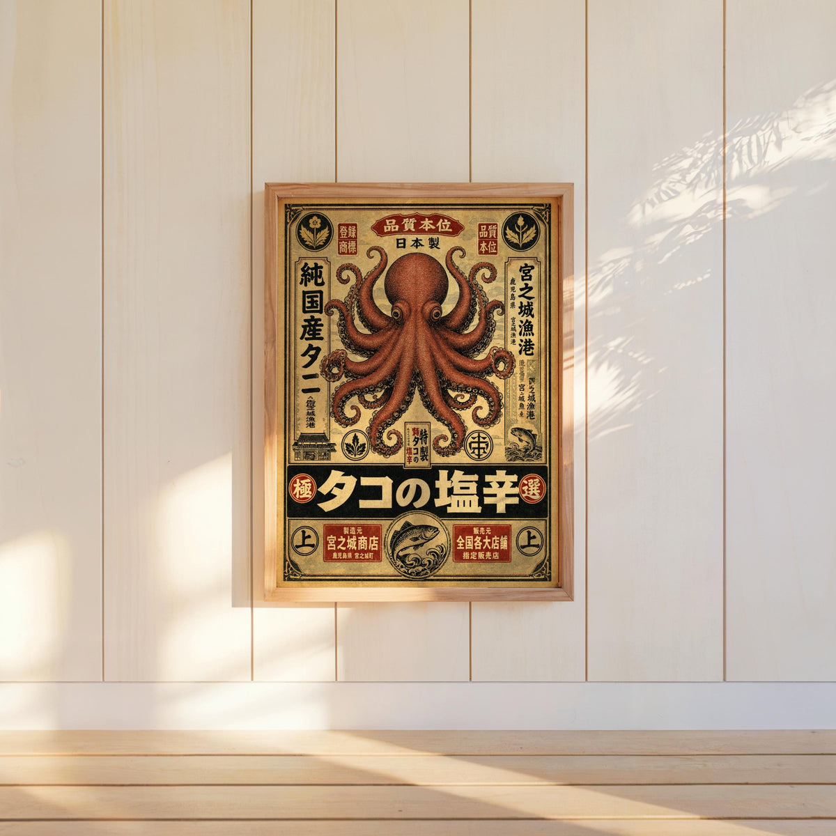 Retro Octopus Woodblock Print, Vintage Japanese Ad Poster, Eclectic Sea Monster Wall Art