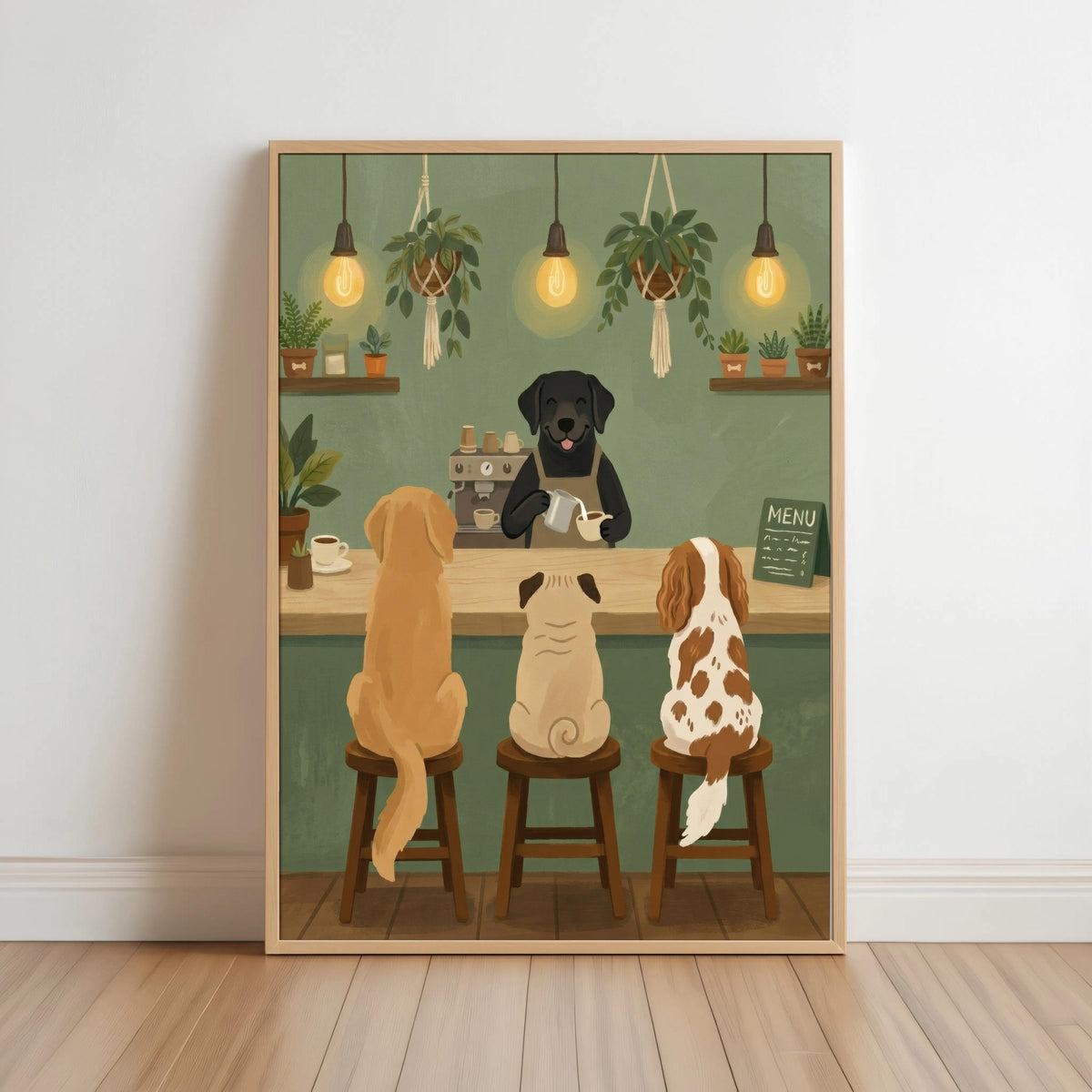 Dog Cafe Barista Art Print, Whimsical Pet Coffee Shop Illustration, Coffee Bar Poster with Dogs, Funny Kitchen Wall Decor, Cozy Animal Gift