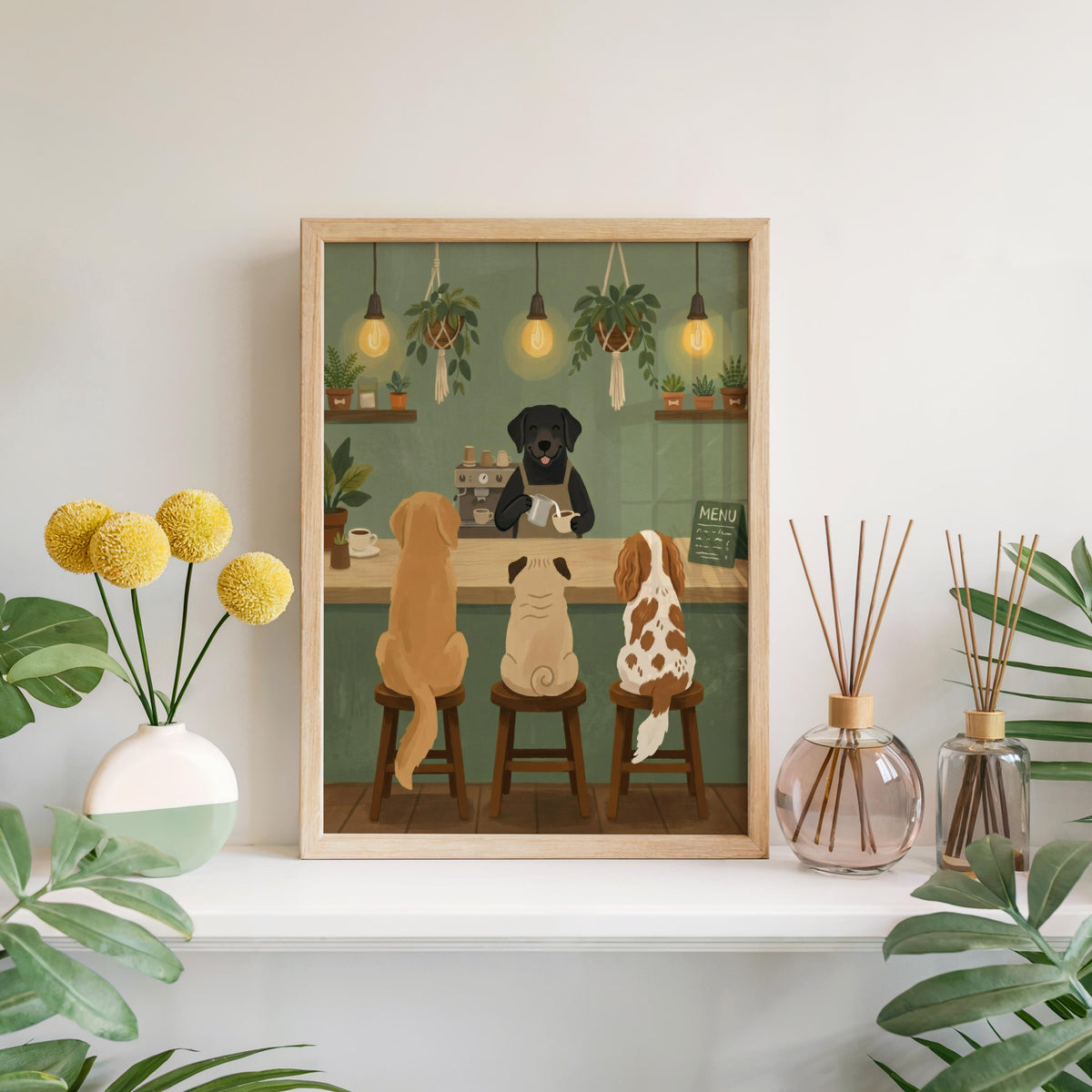 Dog Cafe Barista Art Print, Whimsical Pet Coffee Shop Illustration, Coffee Bar Poster with Dogs, Funny Kitchen Wall Decor, Cozy Animal Gift