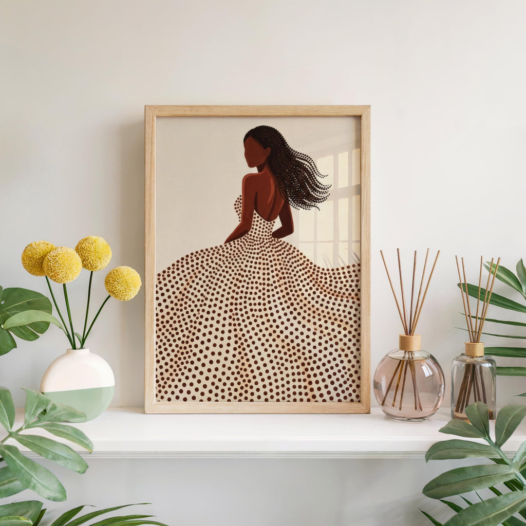 Minimalist Black Woman & Afro Hair Print, Abstract Beige Brown Decor, Modern Feminine Line Art, Boho Afrocentric Fashion Silhouette Wall Art