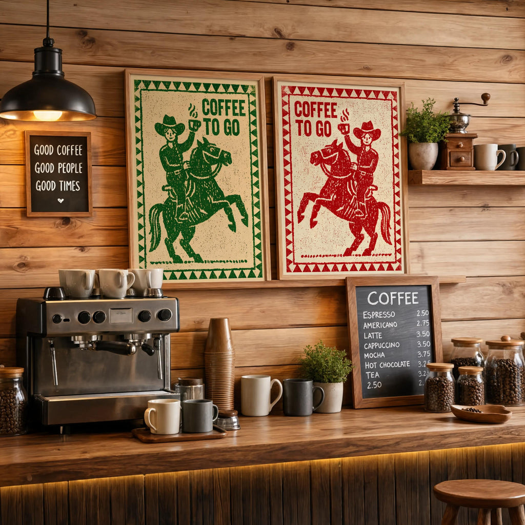 Cowboy & Cowgirl Coffee Set Print, Vintage Coffee Lover Wall Art, Funny Breakfast Kitchen Poster, Western Decor, Retro Horse Illustration