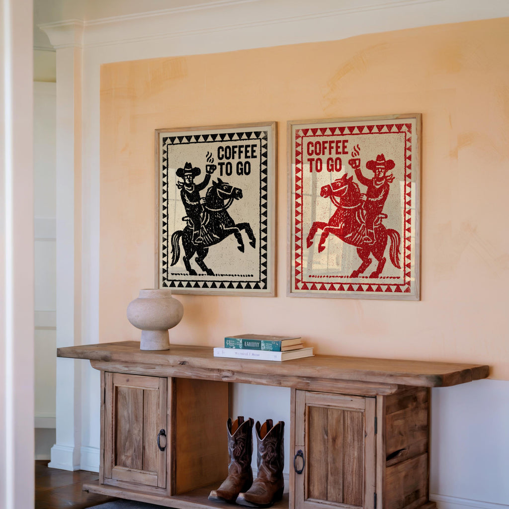 Cowboy & Cowgirl Coffee Set Print, Vintage Coffee Lover Wall Art, Funny Breakfast Kitchen Poster, Western Decor, Retro Horse Illustration