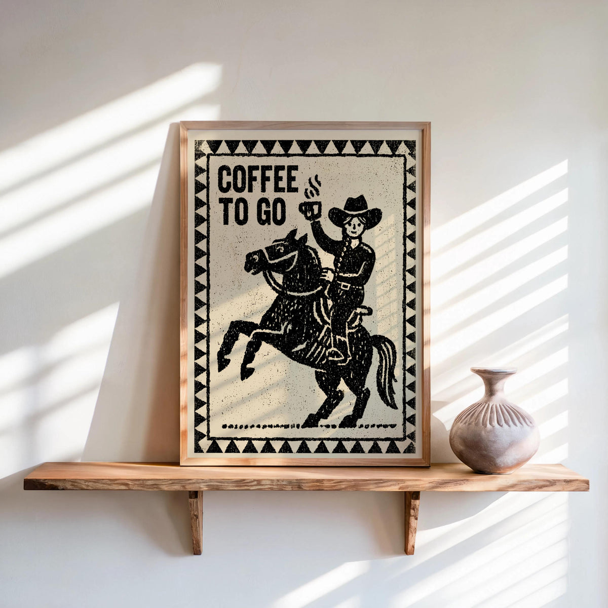 Cowboy & Cowgirl Coffee Set Print, Vintage Coffee Lover Wall Art, Funny Breakfast Kitchen Poster, Western Decor, Retro Horse Illustration