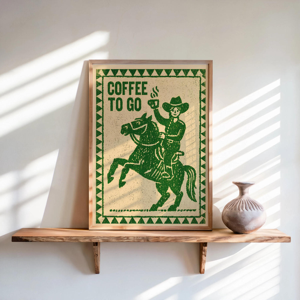 Cowboy & Cowgirl Coffee Set Print, Vintage Coffee Lover Wall Art, Funny Breakfast Kitchen Poster, Western Decor, Retro Horse Illustration
