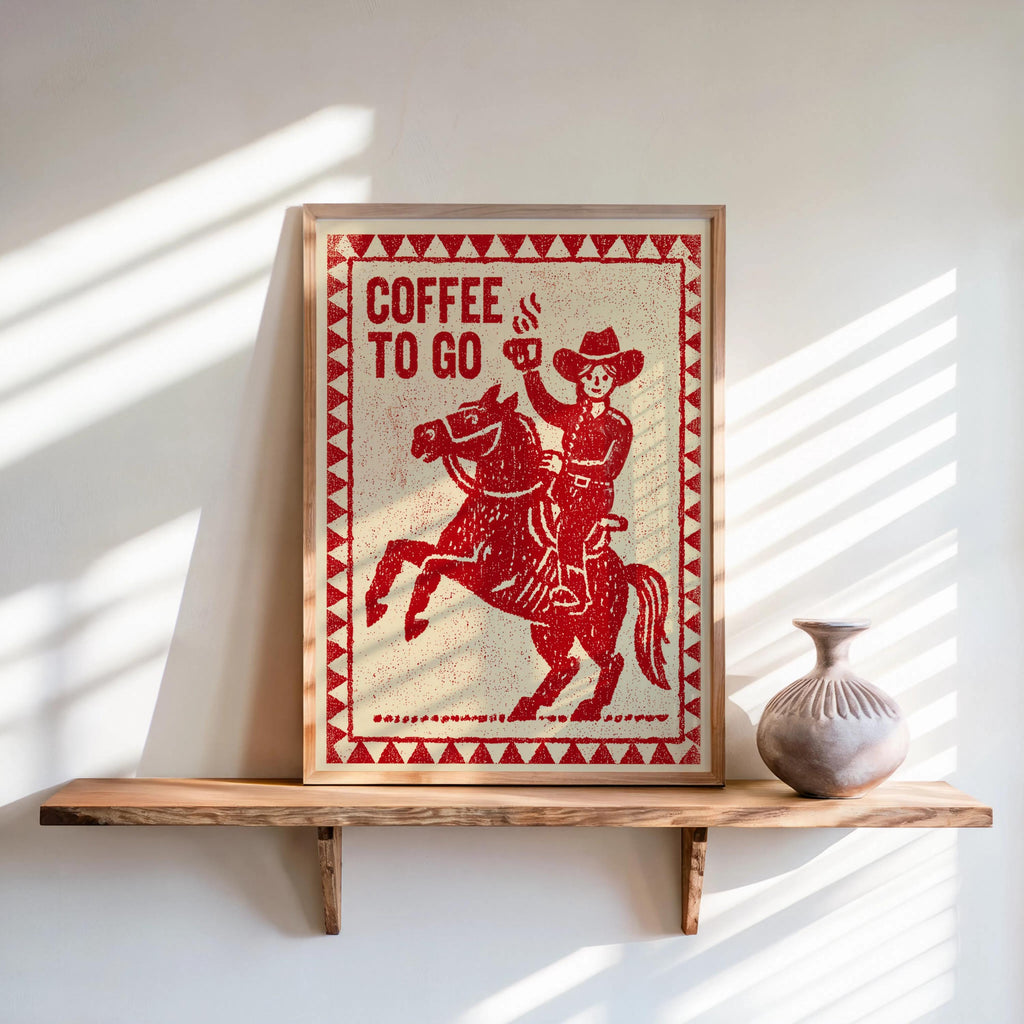 Cowboy & Cowgirl Coffee Set Print, Vintage Coffee Lover Wall Art, Funny Breakfast Kitchen Poster, Western Decor, Retro Horse Illustration