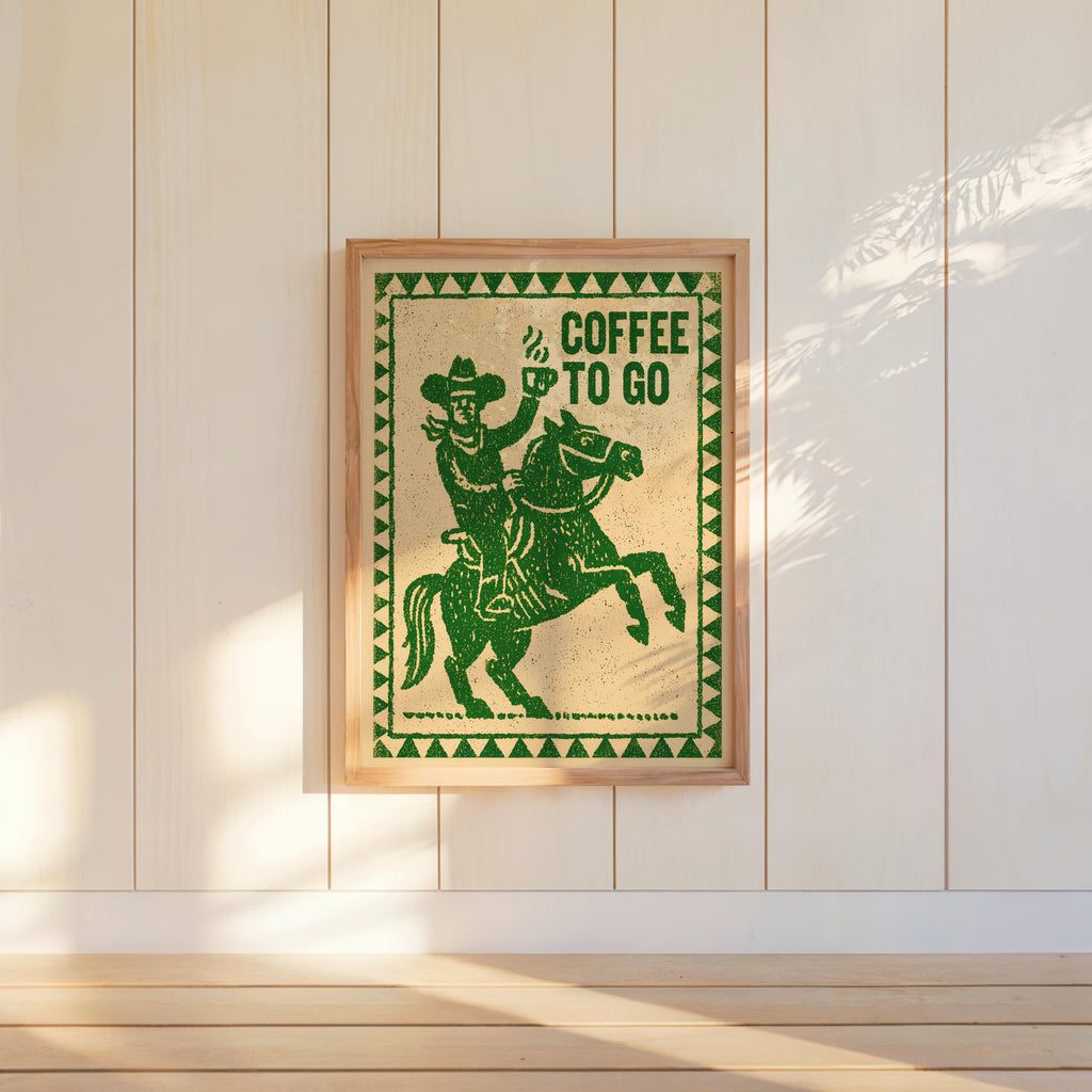 Cowboy & Cowgirl Coffee Set Print, Vintage Coffee Lover Wall Art, Funny Breakfast Kitchen Poster, Western Decor, Retro Horse Illustration