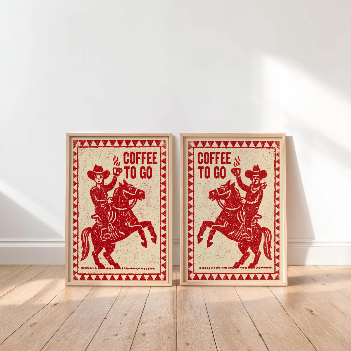 Cowboy & Cowgirl Coffee Set Print, Vintage Coffee Lover Wall Art, Funny Breakfast Kitchen Poster, Western Decor, Retro Horse Illustration