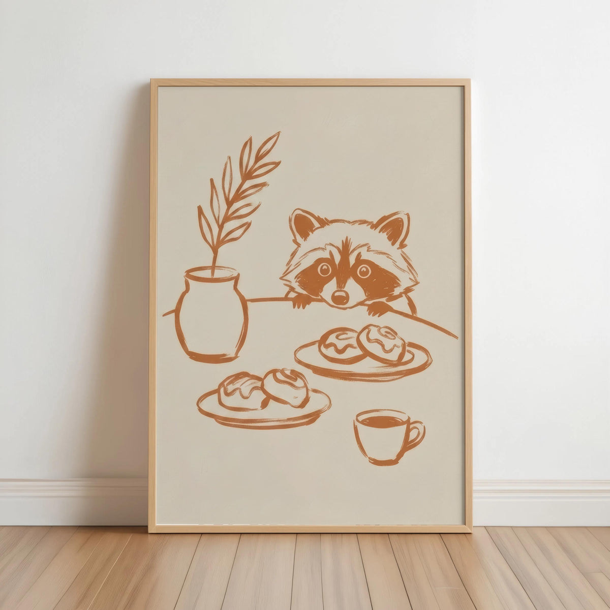 Sneaky Raccoon Wall Art, Minimal Terracotta Line Art Print, Whimsical Kitchen or Nursery Poster, Funny Animal Sketch, Modern Still Life