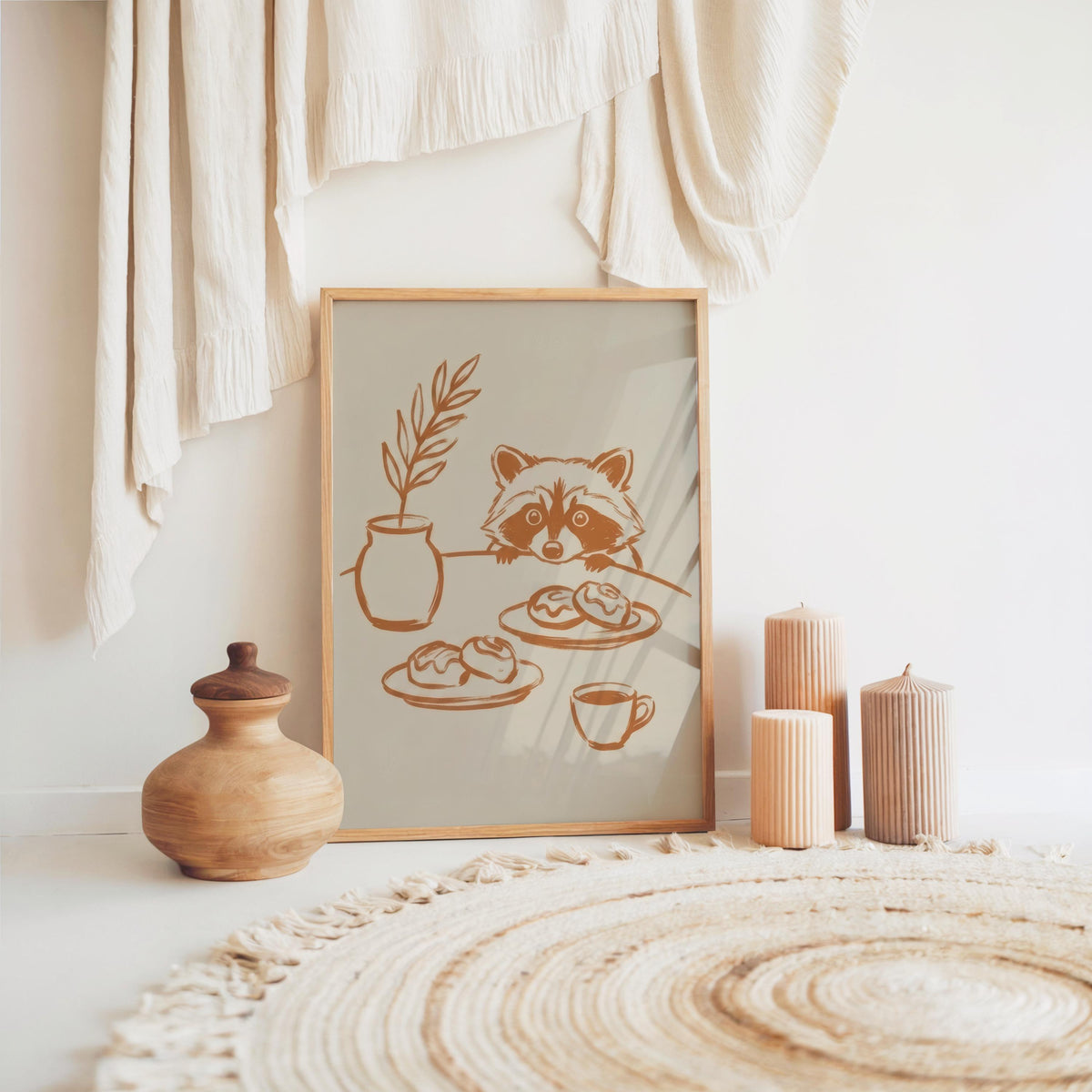 Sneaky Raccoon Wall Art, Minimal Terracotta Line Art Print, Whimsical Kitchen or Nursery Poster, Funny Animal Sketch, Modern Still Life