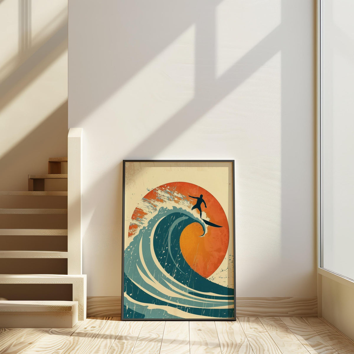 Vintage Surf Poster, Retro Surfing Wall Art, Ocean Wave Print, Mid Century Modern Beach Decor, Surfboard Art, Sunset Surfer Wall Decor