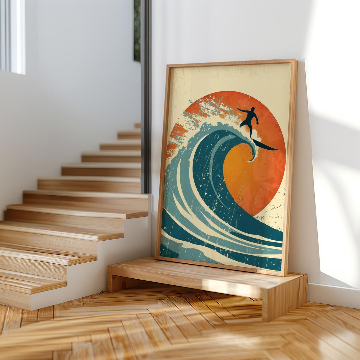 Vintage Surf Poster, Retro Surfing Wall Art, Ocean Wave Print, Mid Century Modern Beach Decor, Surfboard Art, Sunset Surfer Wall Decor