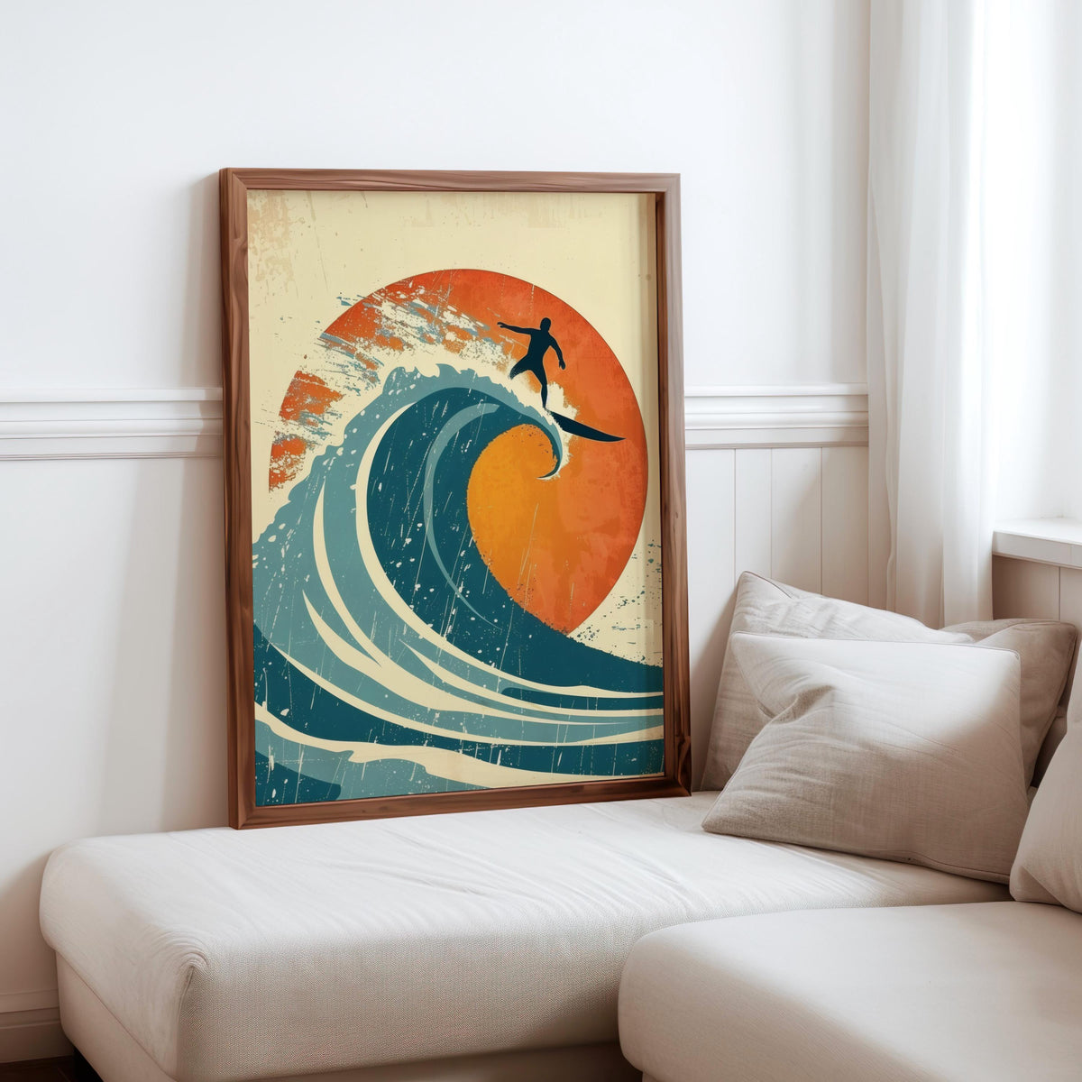 Vintage Surf Poster, Retro Surfing Wall Art, Ocean Wave Print, Mid Century Modern Beach Decor, Surfboard Art, Sunset Surfer Wall Decor
