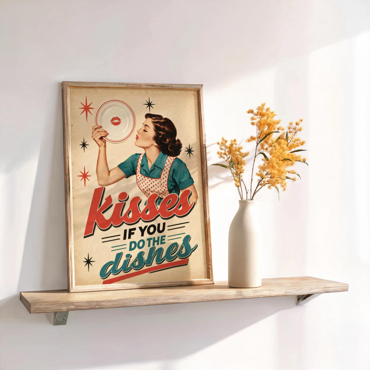 Kisses If You Do Dishes Print, Retro Kitchen Wall Art, Funny Diner Decor, Sassy Housewife Rules Poster, Quirky Typography Quote
