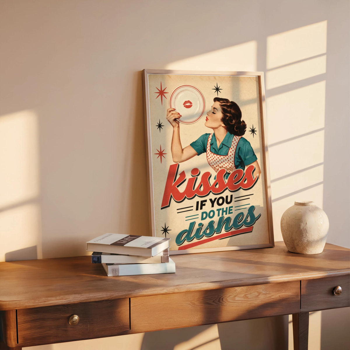 Kisses If You Do Dishes Print, Retro Kitchen Wall Art, Funny Diner Decor, Sassy Housewife Rules Poster, Quirky Typography Quote