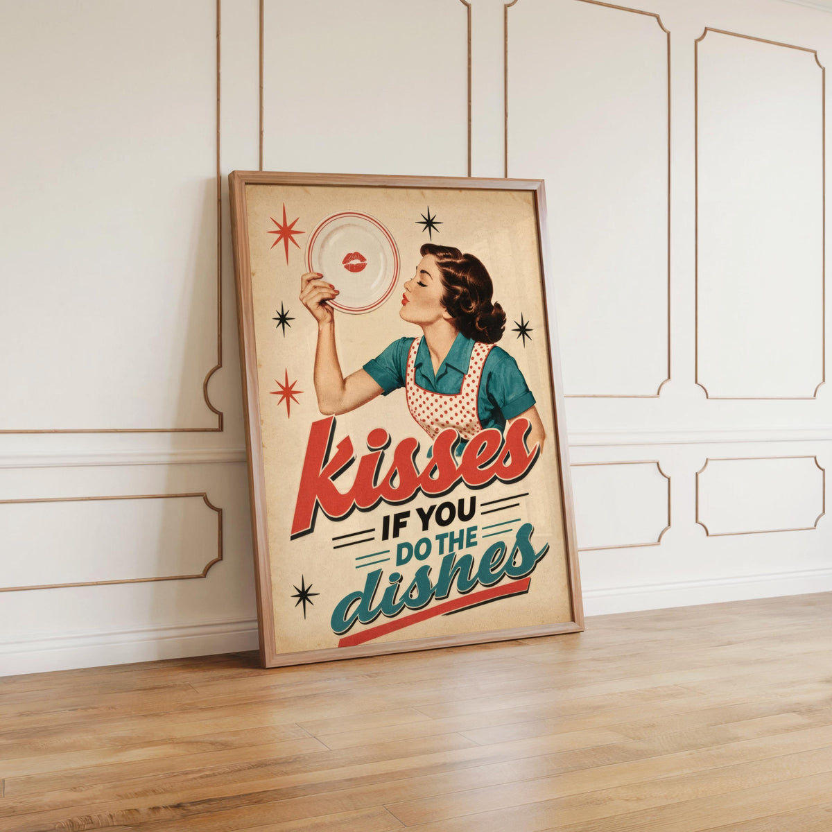 Kisses If You Do Dishes Print, Retro Kitchen Wall Art, Funny Diner Decor, Sassy Housewife Rules Poster, Quirky Typography Quote