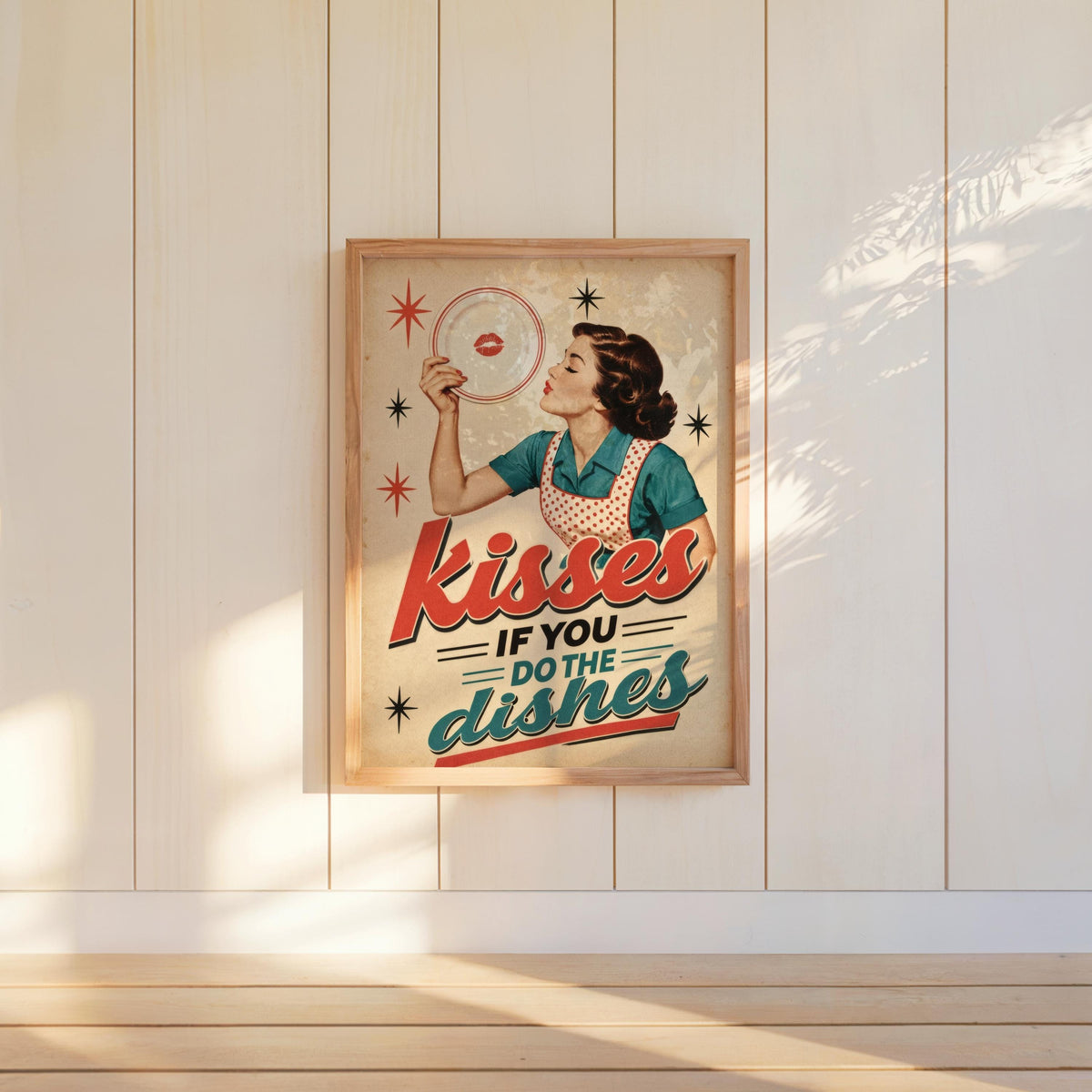 Kisses If You Do Dishes Print, Retro Kitchen Wall Art, Funny Diner Decor, Sassy Housewife Rules Poster, Quirky Typography Quote