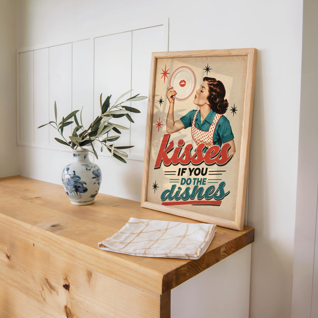 Kisses If You Do Dishes Print, Retro Kitchen Wall Art, Funny Diner Decor, Sassy Housewife Rules Poster, Quirky Typography Quote