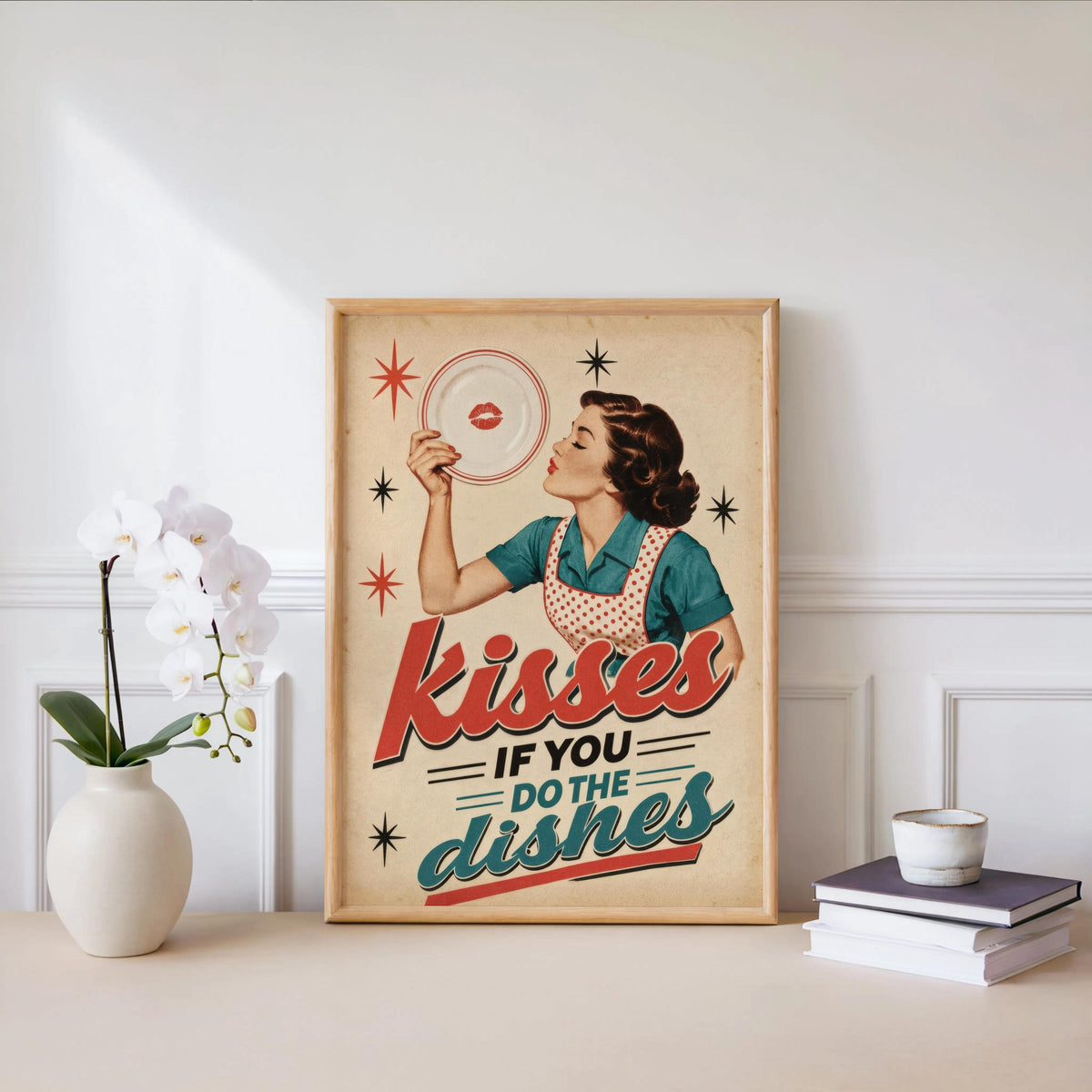 Kisses If You Do Dishes Print, Retro Kitchen Wall Art, Funny Diner Decor, Sassy Housewife Rules Poster, Quirky Typography Quote