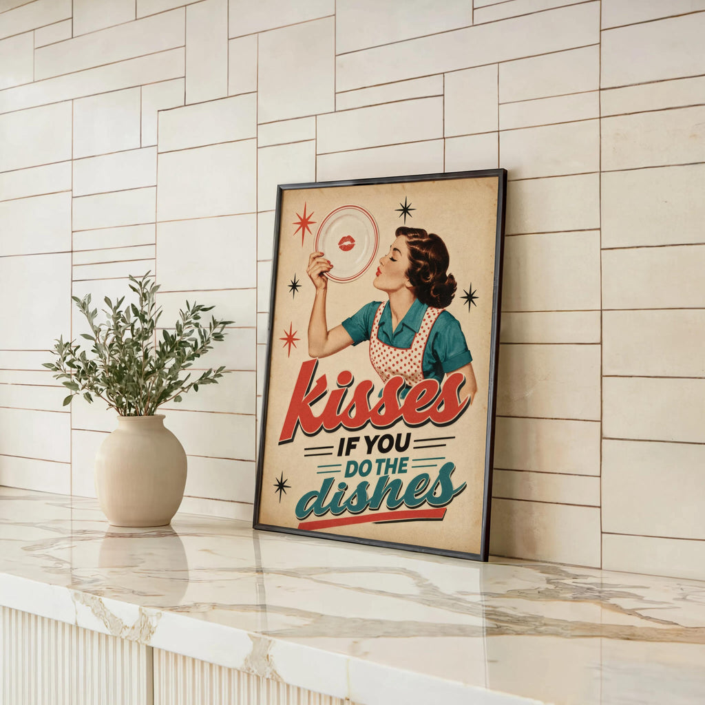 Kisses If You Do Dishes Print, Retro Kitchen Wall Art, Funny Diner Decor, Sassy Housewife Rules Poster, Quirky Typography Quote