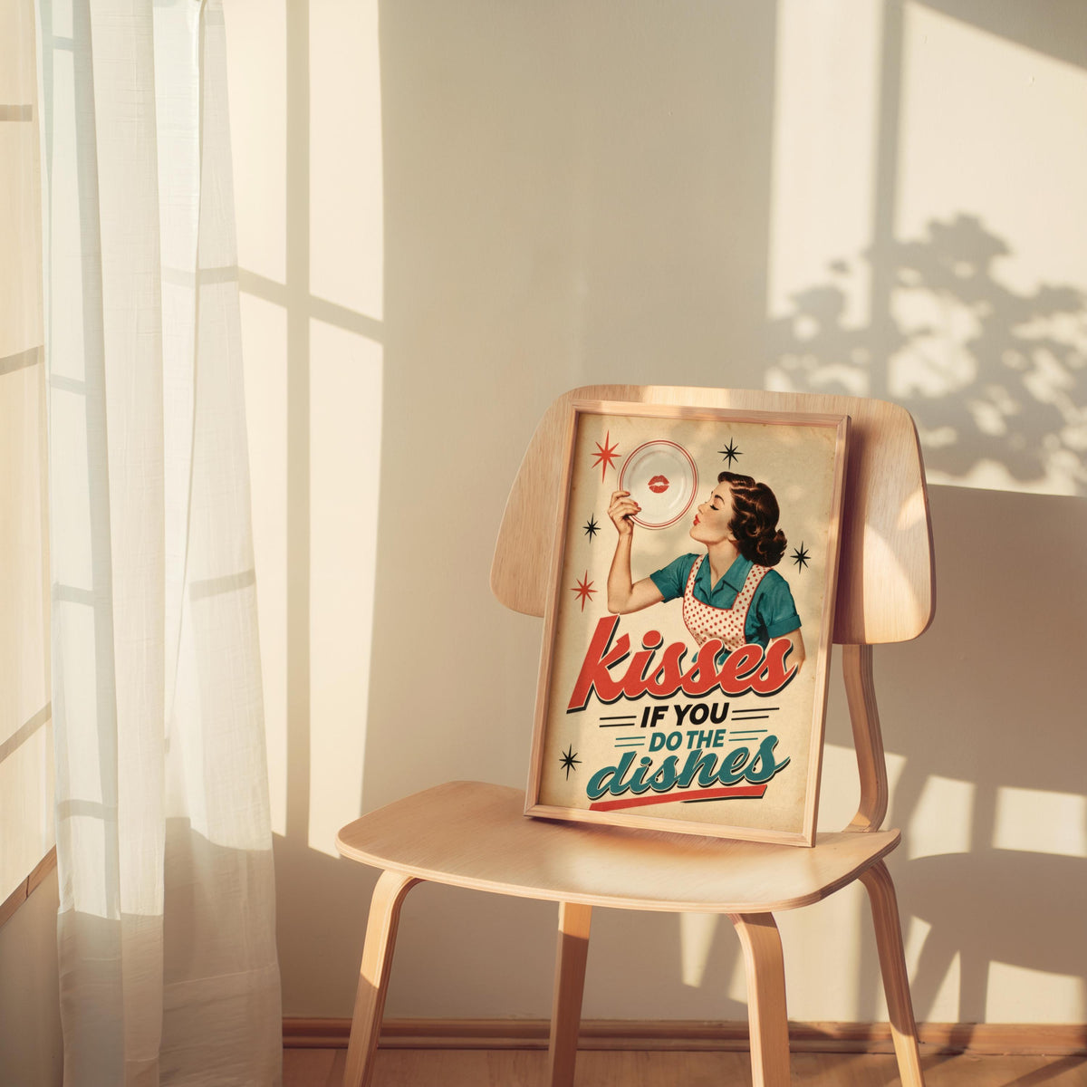 Kisses If You Do Dishes Print, Retro Kitchen Wall Art, Funny Diner Decor, Sassy Housewife Rules Poster, Quirky Typography Quote