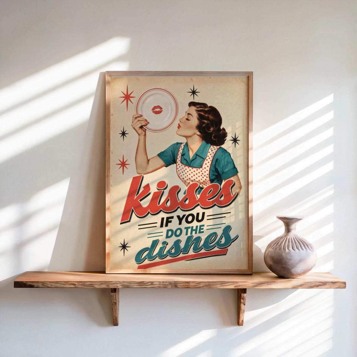 Kisses If You Do Dishes Print, Retro Kitchen Wall Art, Funny Diner Decor, Sassy Housewife Rules Poster, Quirky Typography Quote