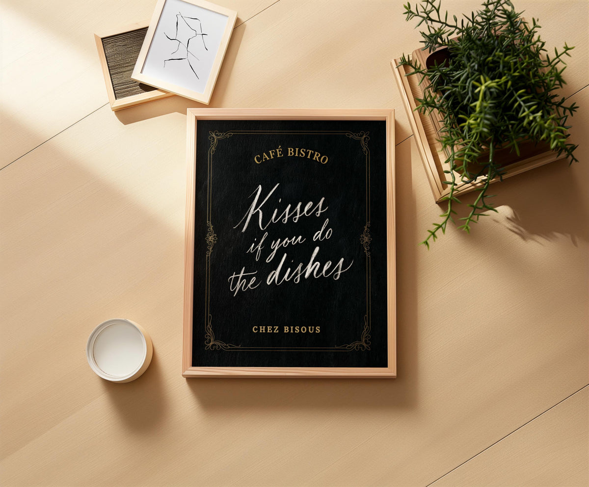 Elegant Kisses If You Do The Dishes Typography, Chic Kitchen Typography Sign, Cafe Bistro Decor, Funny Minimalist Farmhouse Quote Poster