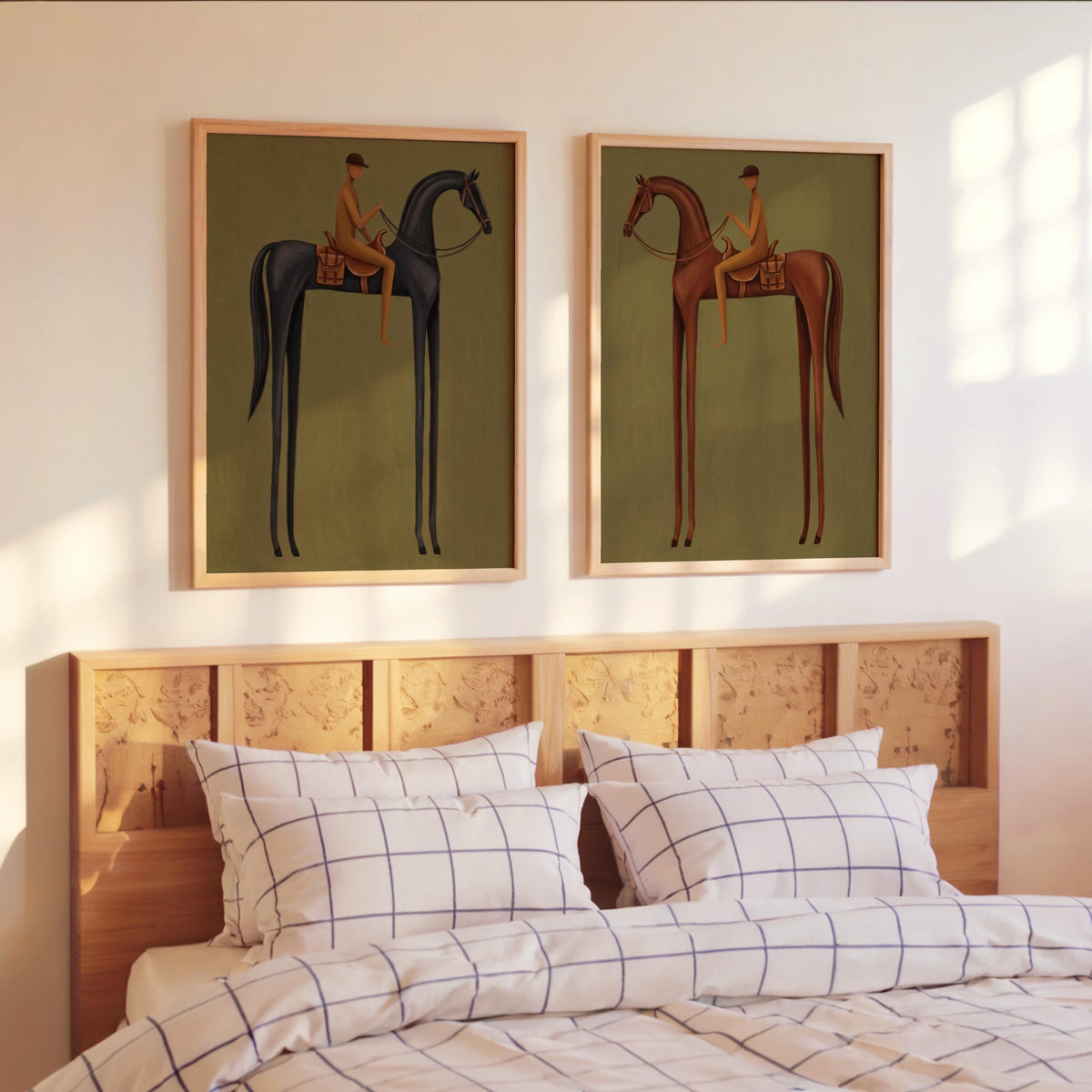 Equestrian Prints Set, Mid Century Modern Horse Wall Art, Vintage Jockey Painting, Neutral Surreal Diptych, Minimalist Western Rider Canvas