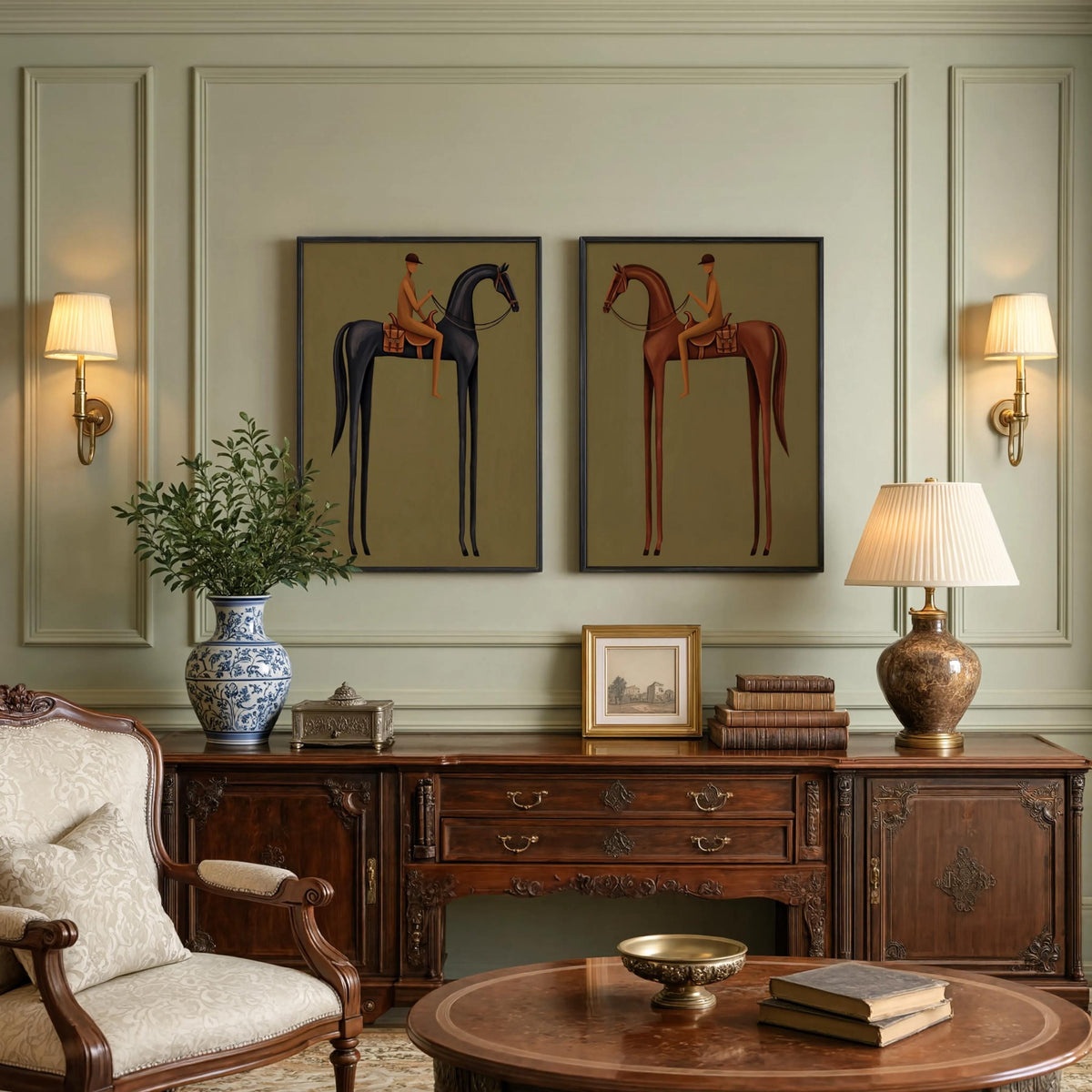 Equestrian Prints Set, Mid Century Modern Horse Wall Art, Vintage Jockey Painting, Neutral Surreal Diptych, Minimalist Western Rider Canvas