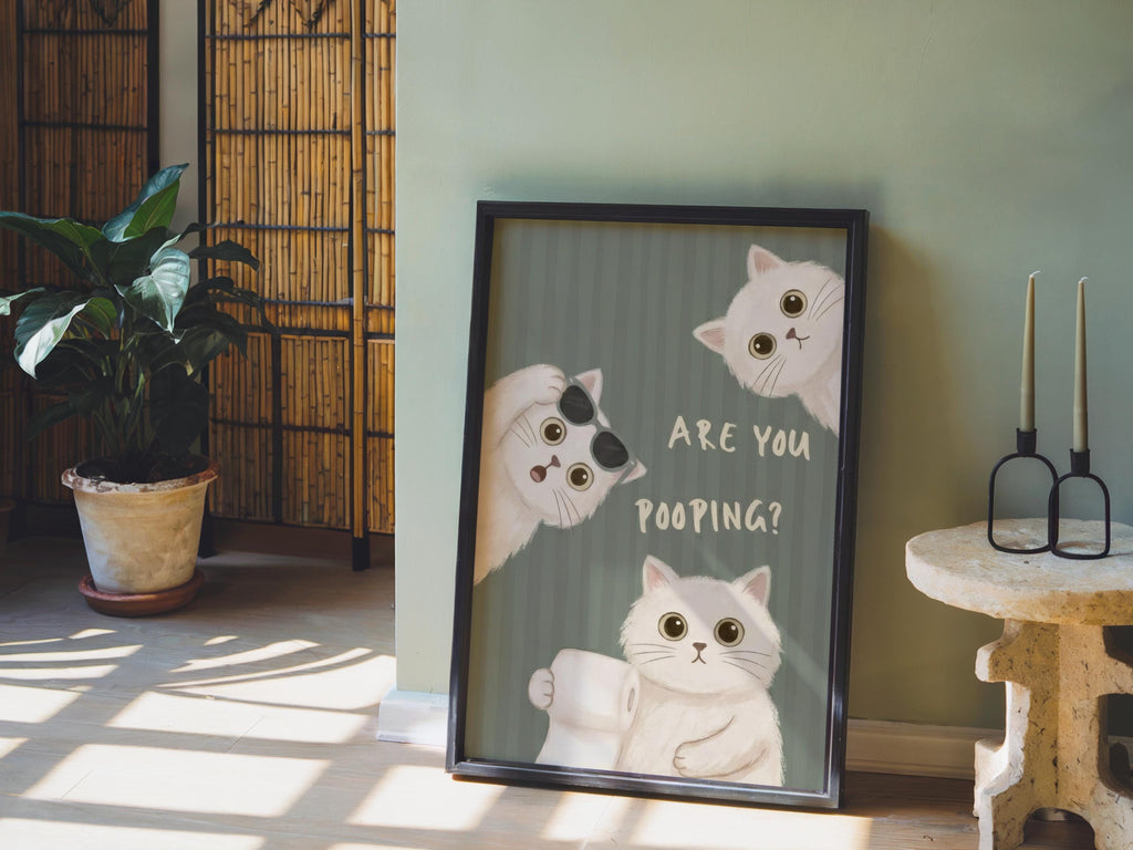Are You Pooping Sign, Funny Cat Bathroom Decor, Whimsical White Cats Restroom Print, Quirky Powder Room Poster, Pastel Pink Green Blue Art