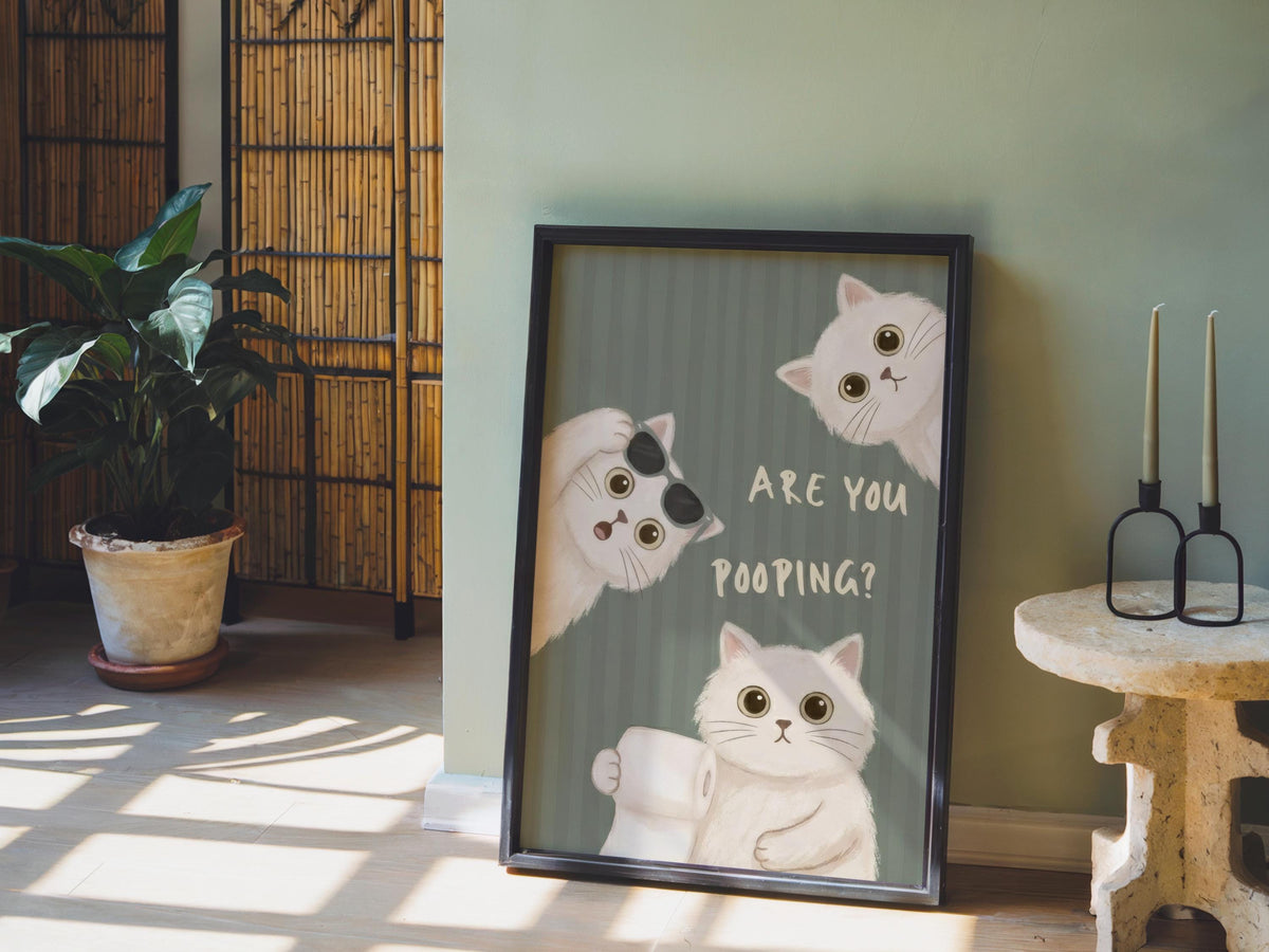 Are You Pooping Sign, Funny Cat Bathroom Decor, Whimsical White Cats Restroom Print, Quirky Powder Room Poster, Pastel Pink Green Blue Art