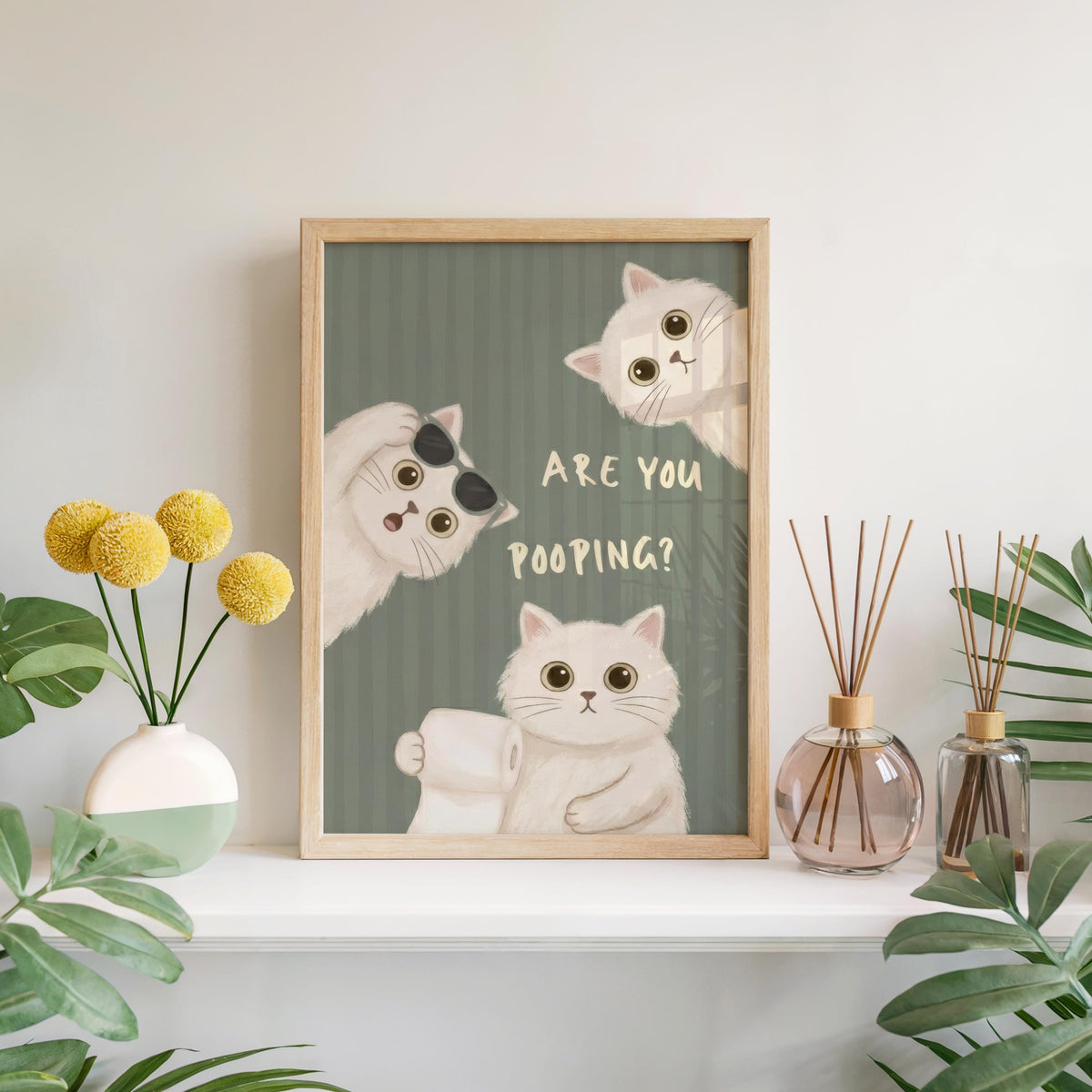 Are You Pooping Sign, Funny Cat Bathroom Decor, Whimsical White Cats Restroom Print, Quirky Powder Room Poster, Pastel Pink Green Blue Art