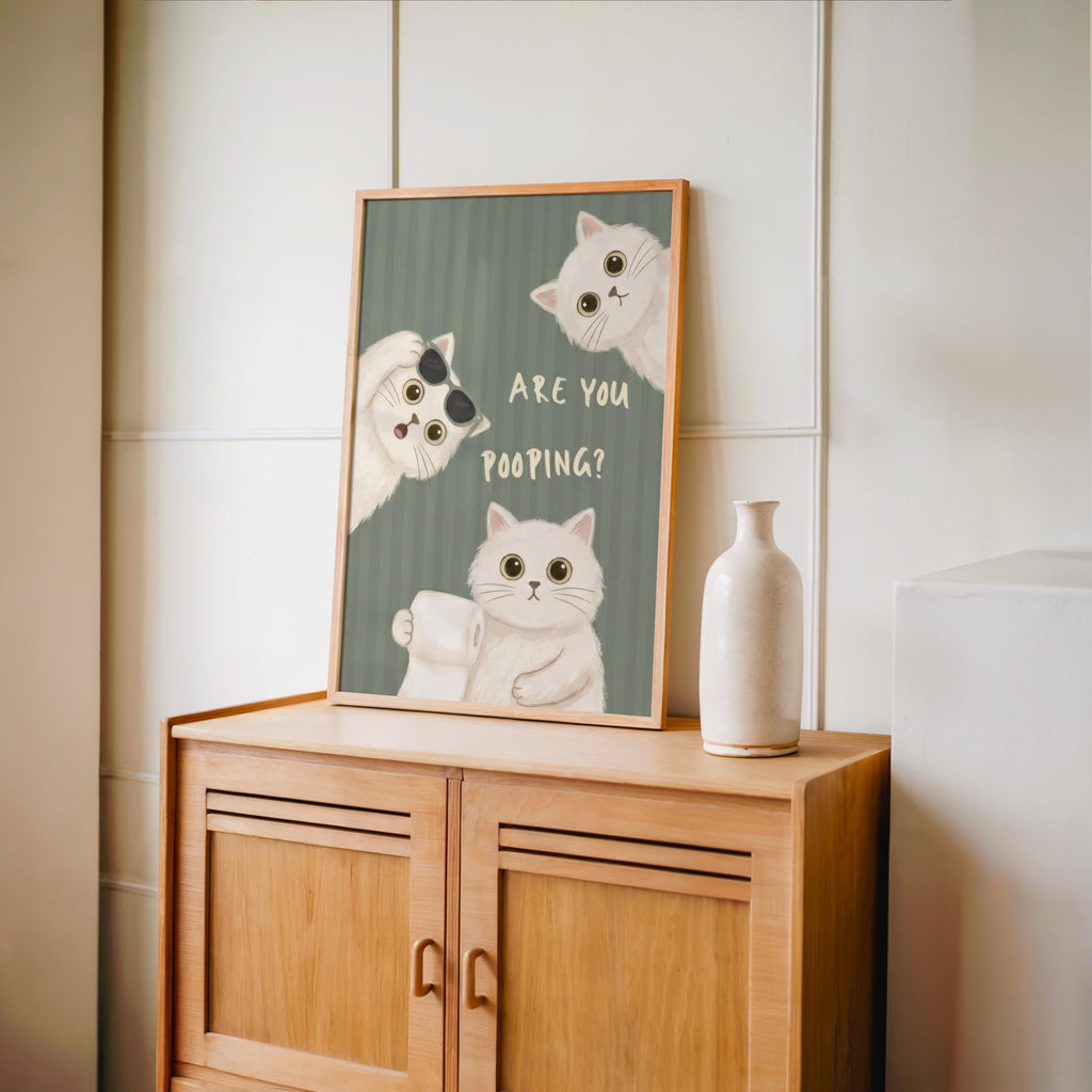 Are You Pooping Sign, Funny Cat Bathroom Decor, Whimsical White Cats Restroom Print, Quirky Powder Room Poster, Pastel Pink Green Blue Art