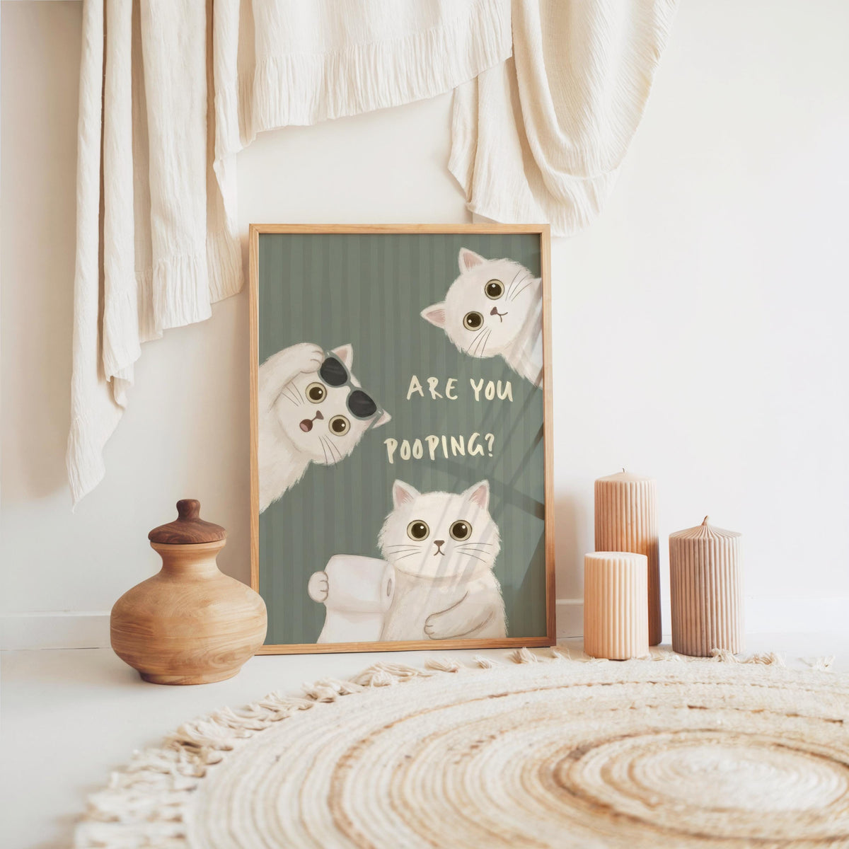 Are You Pooping Sign, Funny Cat Bathroom Decor, Whimsical White Cats Restroom Print, Quirky Powder Room Poster, Pastel Pink Green Blue Art