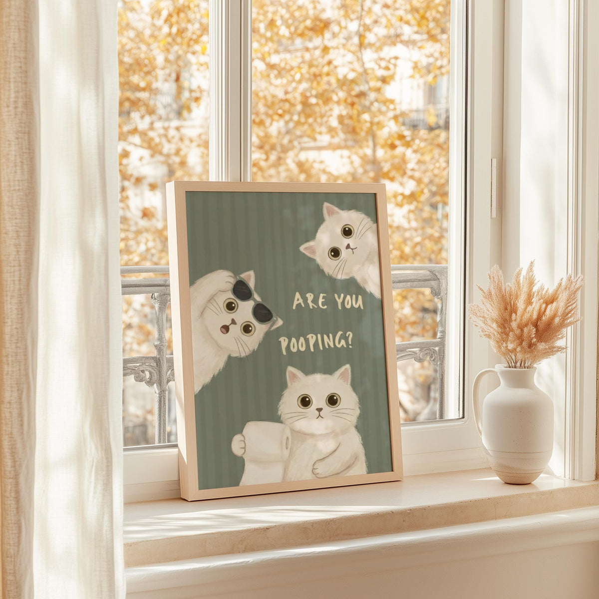 Are You Pooping Sign, Funny Cat Bathroom Decor, Whimsical White Cats Restroom Print, Quirky Powder Room Poster, Pastel Pink Green Blue Art