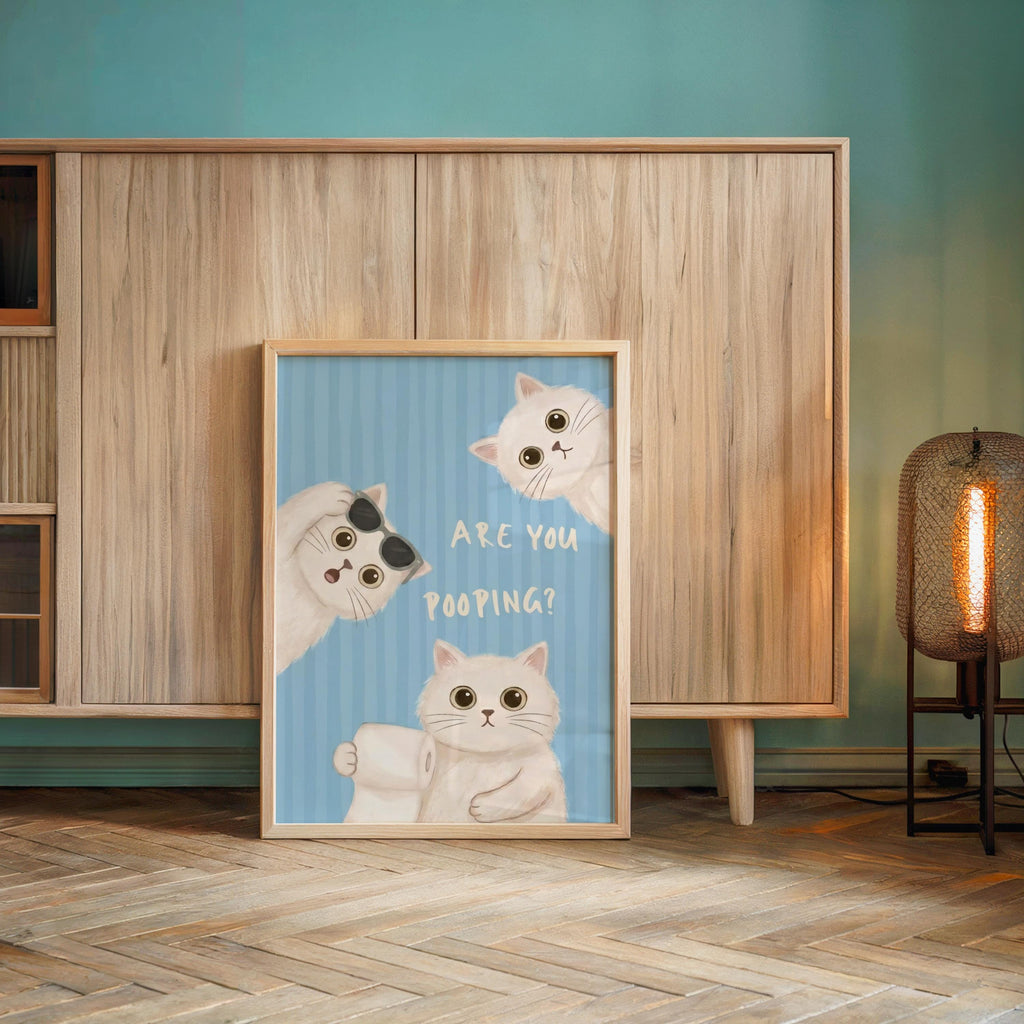 Are You Pooping Sign, Funny Cat Bathroom Decor, Whimsical White Cats Restroom Print, Quirky Powder Room Poster, Pastel Pink Green Blue Art