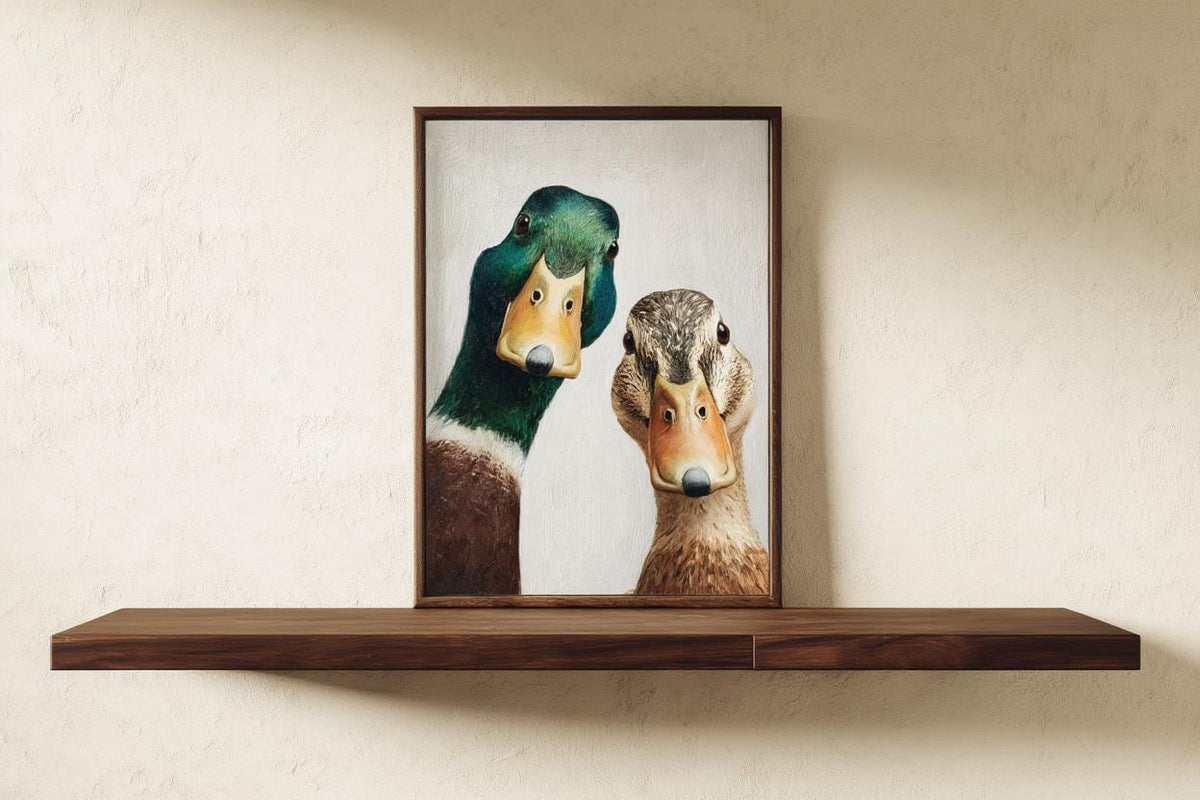 Funny Duck Art Print, Mallard Pair Portrait, Whimsical Mid Century Retro Painting, Animal Wall Art, Quirky Kitchen Decor, Rustic Bird Poster