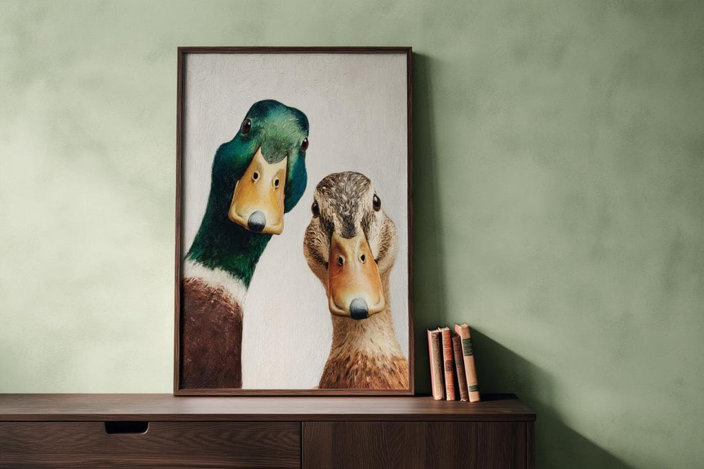 Funny Duck Art Print, Mallard Pair Portrait, Whimsical Mid Century Retro Painting, Animal Wall Art, Quirky Kitchen Decor, Rustic Bird Poster