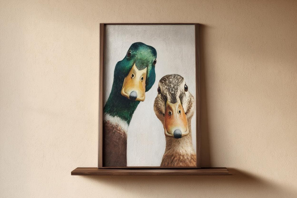 Funny Duck Art Print, Mallard Pair Portrait, Whimsical Mid Century Retro Painting, Animal Wall Art, Quirky Kitchen Decor, Rustic Bird Poster