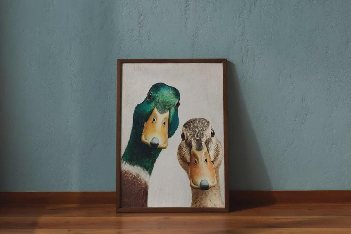 Funny Duck Art Print, Mallard Pair Portrait, Whimsical Mid Century Retro Painting, Animal Wall Art, Quirky Kitchen Decor, Rustic Bird Poster