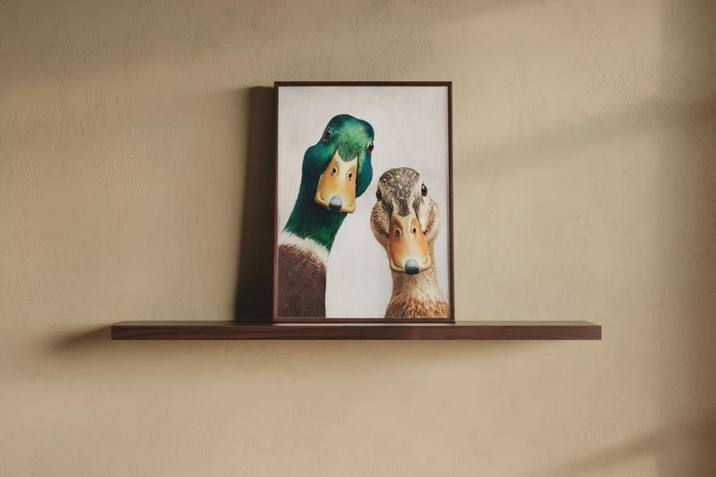 Funny Duck Art Print, Mallard Pair Portrait, Whimsical Mid Century Retro Painting, Animal Wall Art, Quirky Kitchen Decor, Rustic Bird Poster