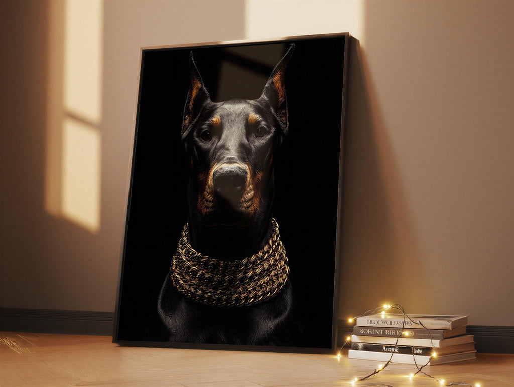 Doberman Gold Chain Wall Art, Luxury Dog Portrait Print, Glam Animal Poster, Modern Office Statement Decor, Doberman Lover Gift