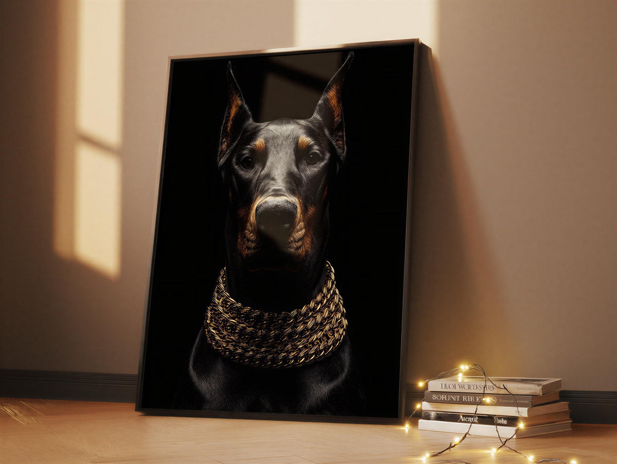 Doberman Gold Chain Wall Art, Luxury Dog Portrait Print, Glam Animal Poster, Modern Office Statement Decor, Doberman Lover Gift