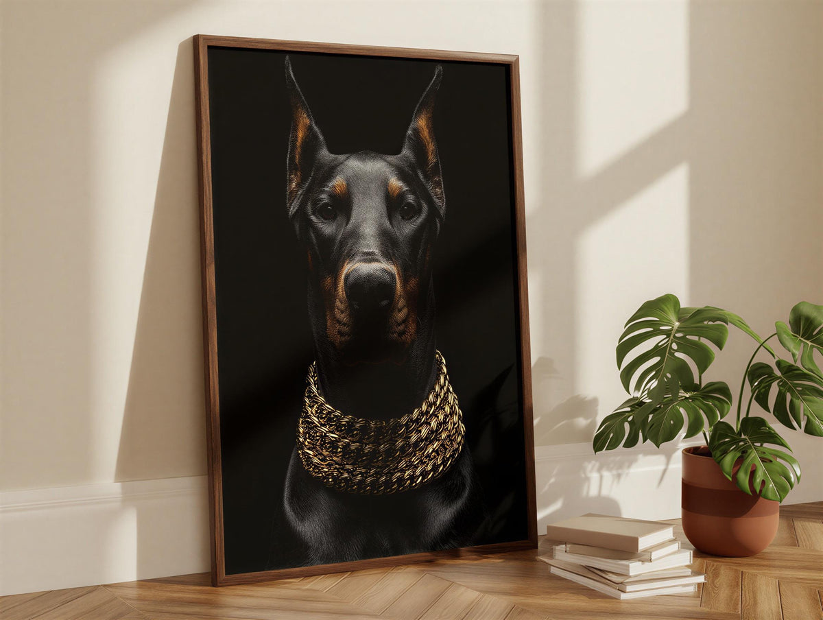 Doberman Gold Chain Wall Art, Luxury Dog Portrait Print, Glam Animal Poster, Modern Office Statement Decor, Doberman Lover Gift