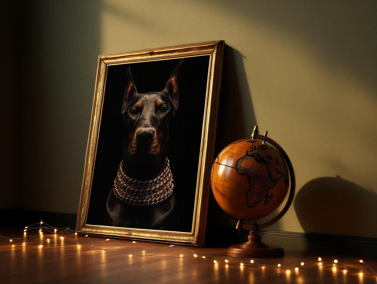 Doberman Gold Chain Wall Art, Luxury Dog Portrait Print, Glam Animal Poster, Modern Office Statement Decor, Doberman Lover Gift
