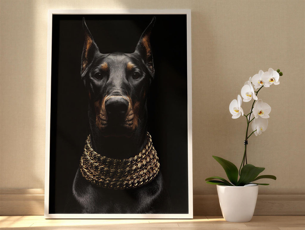 Doberman Gold Chain Wall Art, Luxury Dog Portrait Print, Glam Animal Poster, Modern Office Statement Decor, Doberman Lover Gift